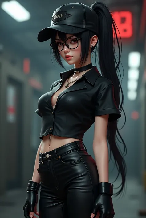 3D anime with white skin with black hair tied and black cap on the side with black rock shirt and short black glove with black pants and y2k glasses with breasts