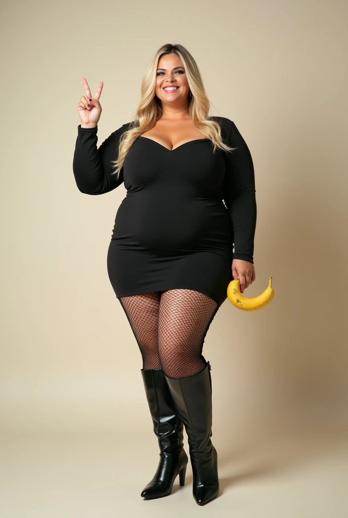 Chubby blonde woman plus size minidress with black fishnet tights and long boots with a banana making the V sign of victory 