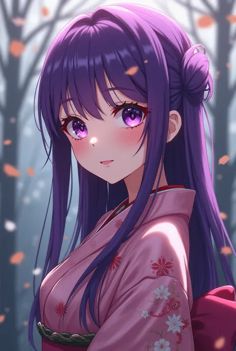 Medium-sized anime girl with purple hair, big breasts and a narrow-waisted booty, purple eyes in a kimano