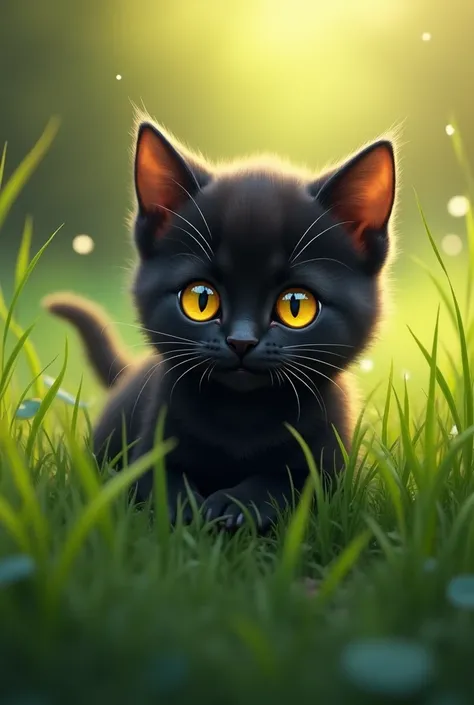 A black kitten with yellow eyes is sitting on green grass with long fur