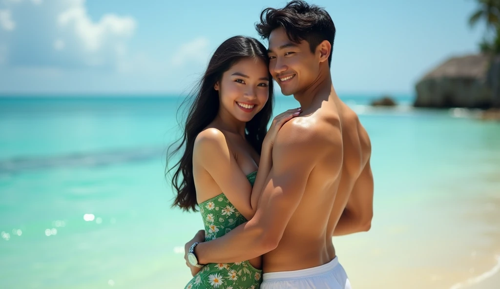 A beautiful Asian woman, smiled facing the camera, long straight black hair, chubby but sexy, soft white skin, wearing green floral swimsuit, holding a 2 hands of handsome Asian man, smiled, wearing white nike brief, soft white skin, looking on camera. sea...