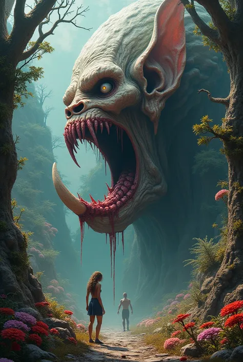 A giant using his ear to eat a person in a hallucinogenic forest 