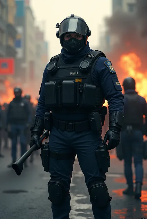 Behind the background is riots ,  police officer in full gear with a shield and a baton infographic 