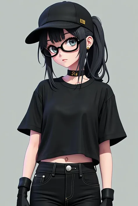 3D female anime with white skin with black hair tied and black cap on the side with black rock shirt and short black gloves with black pants and y2k glasses 