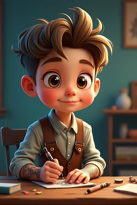  A cute boy   . He is a tattoo artist by profession .  His trademark is the magic pen  .  The magic pen works magically  .  The boy has big eyes and freckles. The book title The Little Tattoo Artist should be included in the picture .