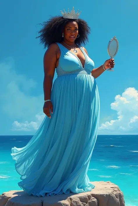   a frizzy haired black woman , Overweight ,   wearing a long light blue dress  ,  with a silver crown on her head  ,  holding a silver mirror in one hand.   She is standing on a rock with the blue sea in the background.   The painting style is a bit surre...