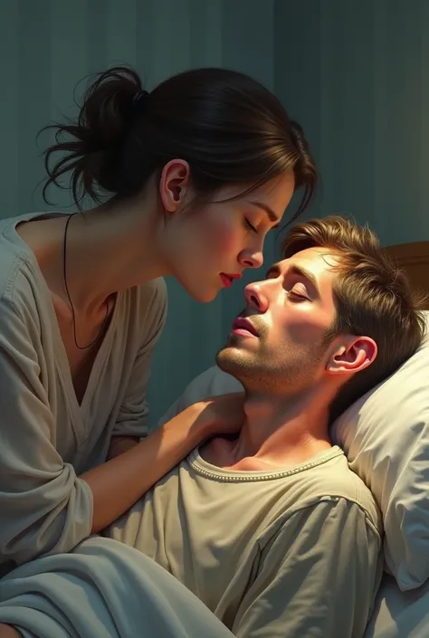 Very sick man with woman caressing realistic cartoon