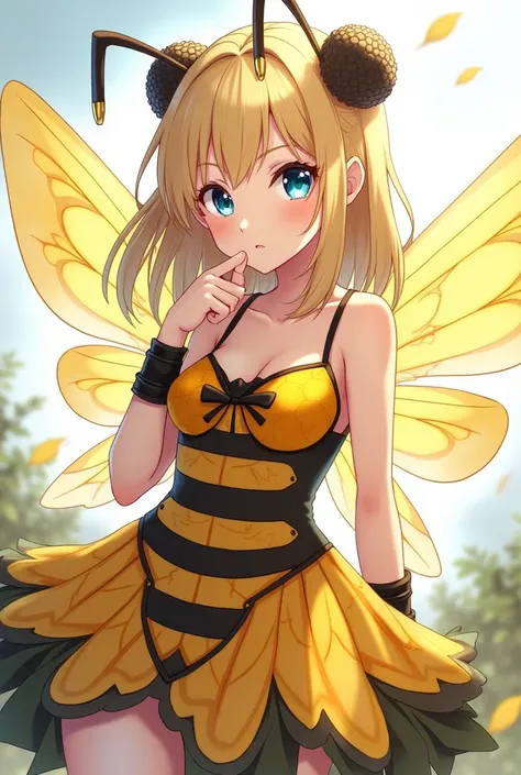 Create an anime-style girl 
A blond hair
2 fair skin
3 blue eyes 
4 a dress that looks like a bee 
5 bee wings 

Make the wings a little bigger and give them a ruder expression add black bracelets on their wrists 