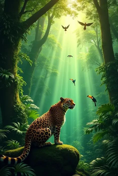  A dense tropical rainforest with sun rays , which break through the dense treetops .  In the foreground is a majestic jaguar on a moss-covered rock ,  while exotic birds such as toucans and parrots fly in the background above the trees .  Magical green en...