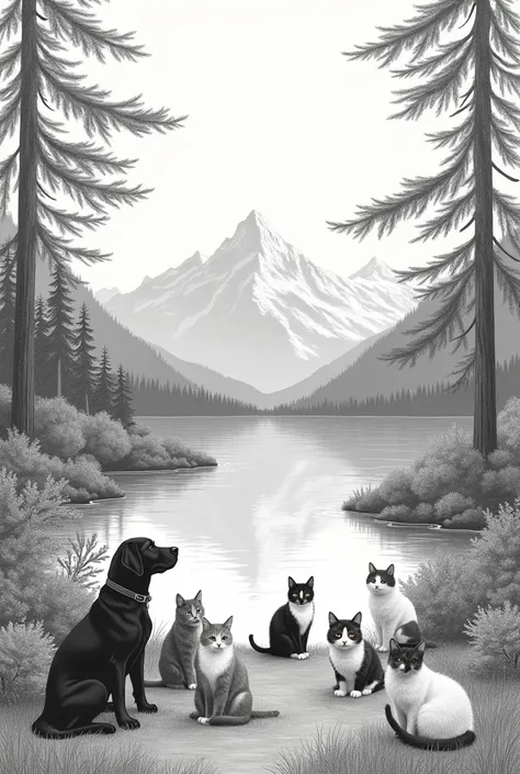 un dessin de nature avec des arbres, un lac à la montagne, un labrador noir, deux chats aux poils longs, deux chats siamois, un chat tricolore et un chat blanc et gris, dans un style épuré au crayon en noir et blanc avec une touche de couleur