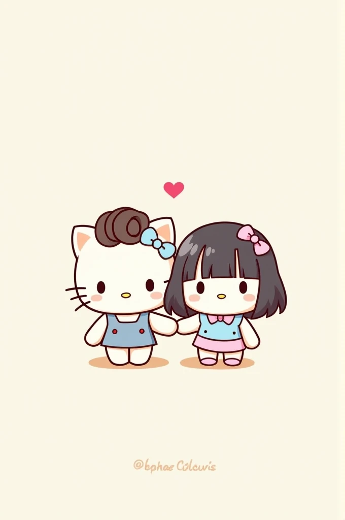  Make two Hello Kitty holding hands , and 2D, una curly,  not wavy , curly,  that their hair is dark brown and that they have a small pastel blue ribbon and her clothes of the same color ,  and the other hello Kitty that is straight black hair with a small...