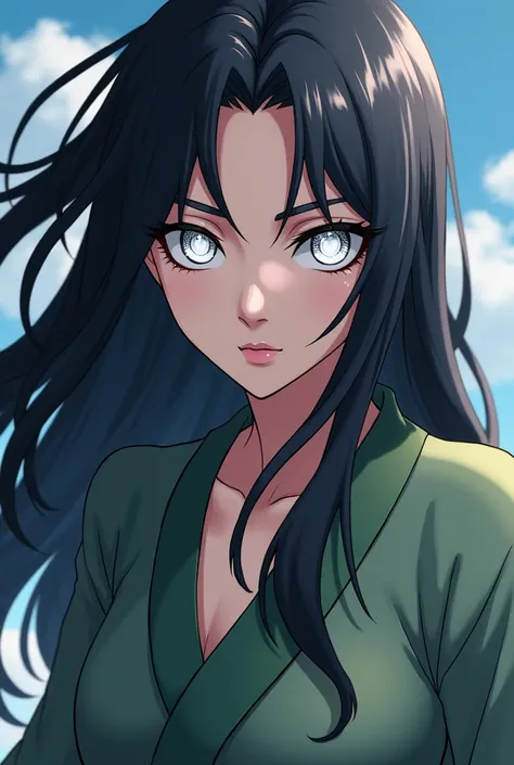  Draw an Oc in the style of the manga  "Naruto Shippuden". female, , sexy,  belonging to the Hyuga clan of Konoha, with Byakugan  (white eyes).  dark hair. Make his face look like something out of the Naruto anime