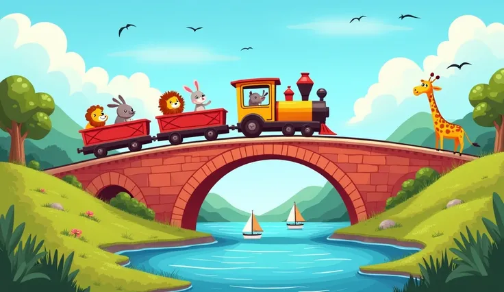 "Create a cartoon of a cheerful train crossing a tall red bridge over a sparkling blue river in the meadow. The train’s passengers are animals like a lion, a bunny, and a giraffe. Boats are sailing beneath the bridge, and birds fly overhead."