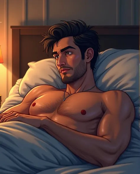 Semi-realistic animated drawing of a sexy 40-year-old man lying in bed