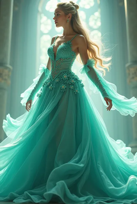 Imagine Ariana Grande wearing a stunning, elegant dress that complements her style. The dress could be aqua in colour with wings , perhaps featuring a fitted bodice and a flared skirt that sways gracefully as she moves with alot of elegant 3d flower detail...