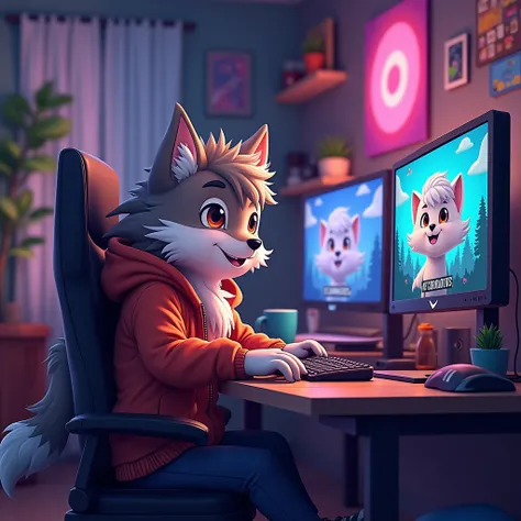 cute teen male furry wolf gamer streamer pc 