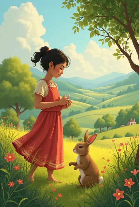 Once upon a time, a  named Meera lived in a small village surrounded by lush green fields. One day, while wandering in the meadow, she spotted a tiny khargosh (rabbit) caught in a bush. Its soft white fur was tangled in the thorny branches.

With gentle ha...