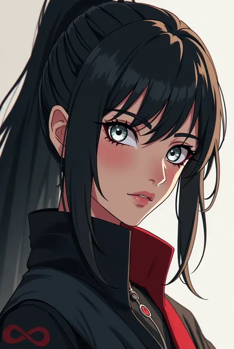  Draw an Oc in the style of the manga  "Naruto Shippuden". female, , sexy,  belonging to the Hyuga clan of Konoha, with Byakugan  (white eyes).  dark hair. Make his face look like something out of the Naruto anime. Dibulaja her entire body or almost her en...