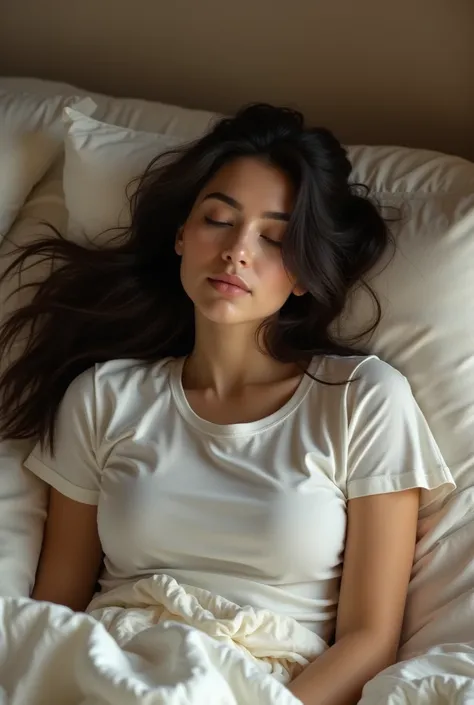 Woman in a white t-shirt lying on the bed 