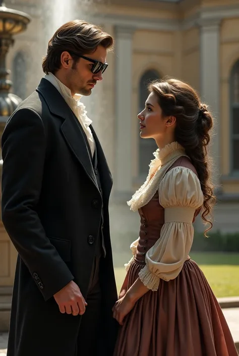 Teacher wearing black sun glassesglasses and her student   both dressed in 19th century clothes, outside near a spout 