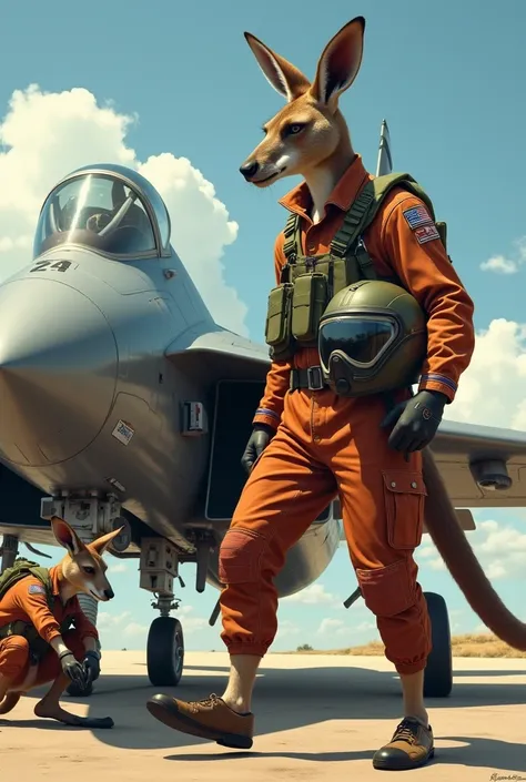 A tall and strong kangaroo fighter pilot climbing into his f4 plane with his helmet under his arm walking and another kangaroo dressed as a pilot checking under the plane