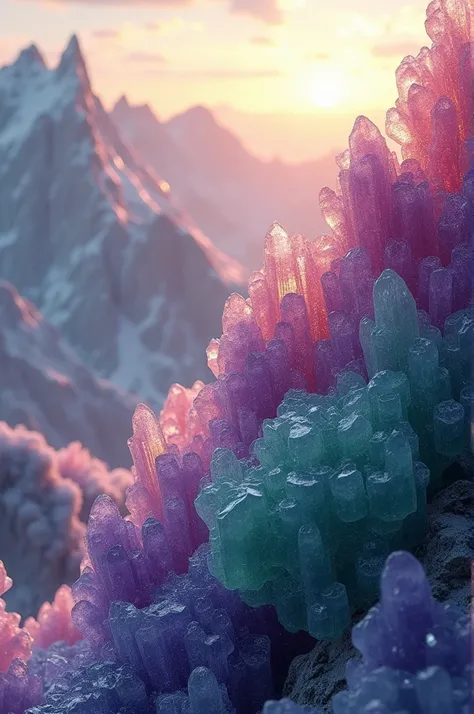 Photorealistic 8K render | Ultra-high-detail crystalline mountain landscape | Geological fantasy composition with precision-engineered crystallographic details
Primary Geological Structure:
- Massive mountain range composed of translucent amethyst (deep pu...