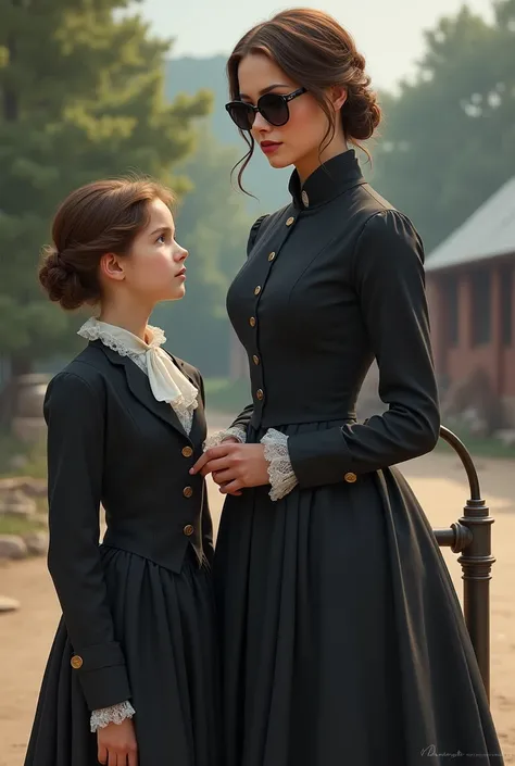 Female teacher wearing black sun glassesglasses and her student   both dressed in 19th century clothes, outside near a spout 