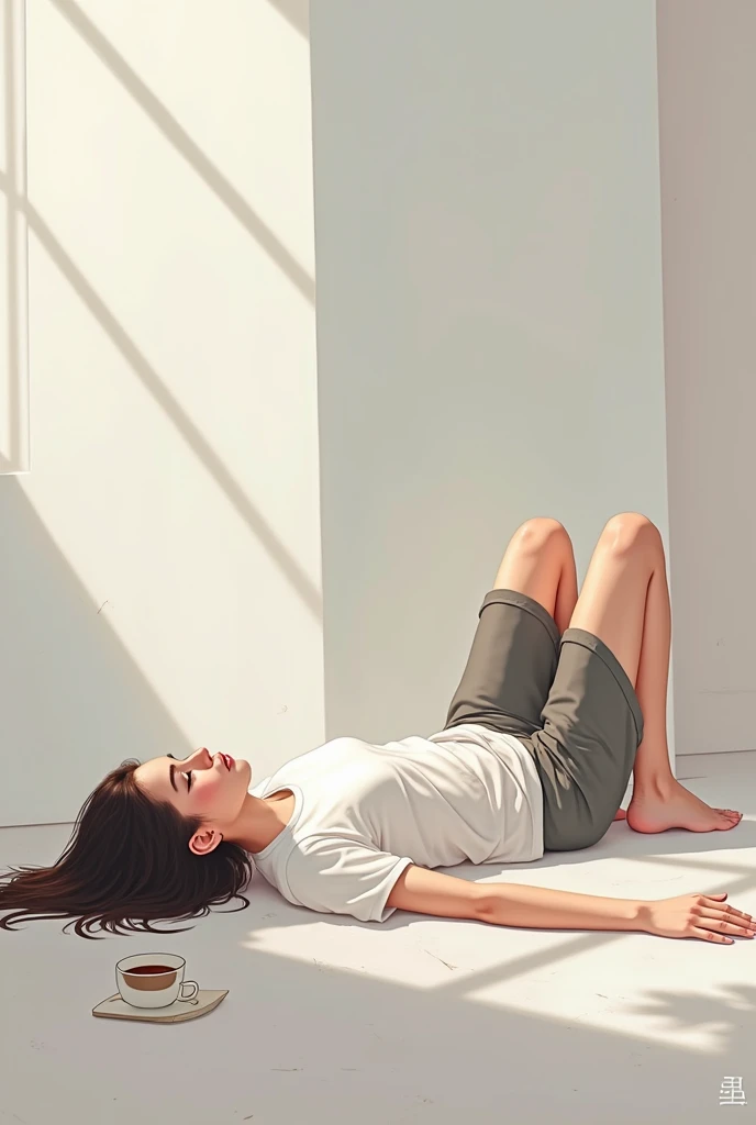 Woman in white t-shirt lying on the floor 