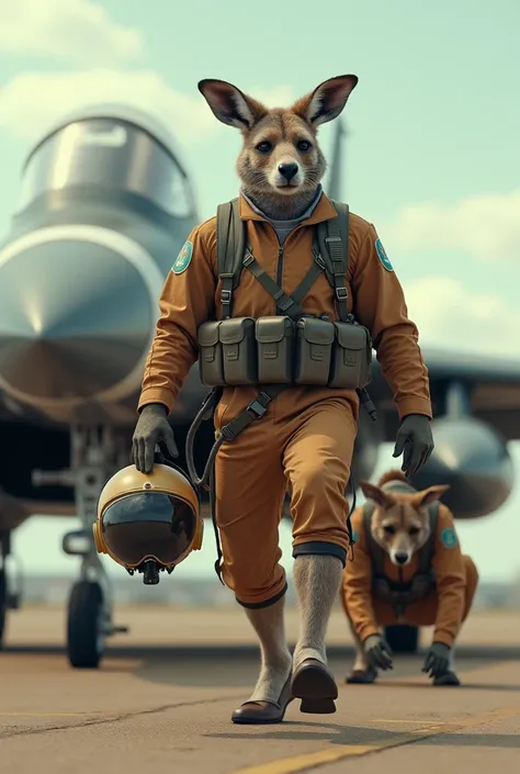 A tall and strong kangaroo fighter pilot getting on his f4 plane with his helmet under his arm walking and another kangaroo dressed as a pilot checking under the plane to see what looks real