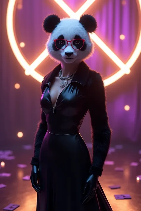 A tall, thin female panda humanoid with well-groomed black and white fur. Her face has elegant features, with expressive eyes highlighted by the black spots typical of a panda. She wears the same red-framed glasses, which contrast with the softness of her ...