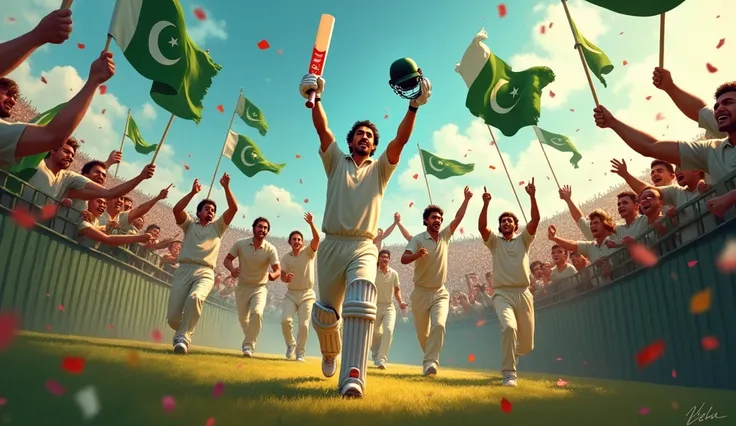 The 1992 Cricket World Cup victory, with a cricket bat and ball, along with a celebratory scene.( Imran Khan  pick champion cup and with pakistan running