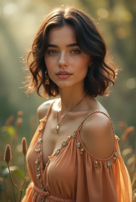 Beautiful trans girl with short wavy hair, bohemian dress, 