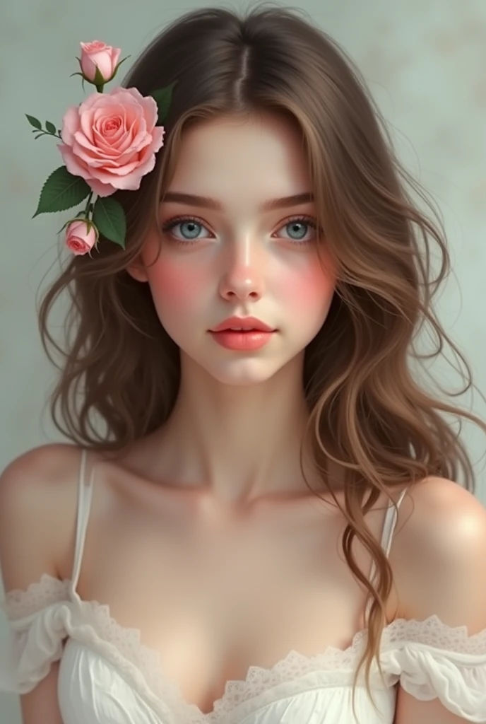 A dreamy, ethereal portrait of a young woman with brown hair and blue eyes.She  is adorned with a delicate pink rose, creating soft and romantic atmosphere.