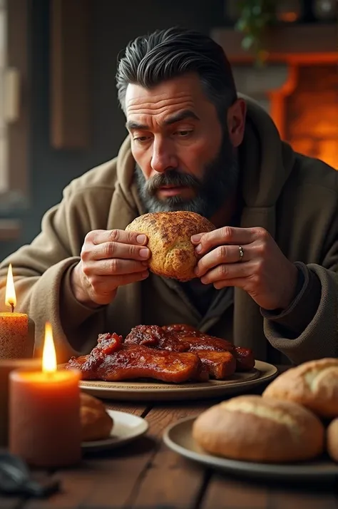 Man eating bread with meat