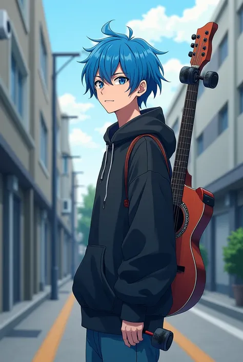 blue haired boy in black sweatshirt holding a skateboard with a guitar on his back on the sidewalk next to the building, anime style mixed with fujifilm, anime style, anime boy, anime style, japanese streetwear, male anime style, inspired by Yamagata Hiro,...