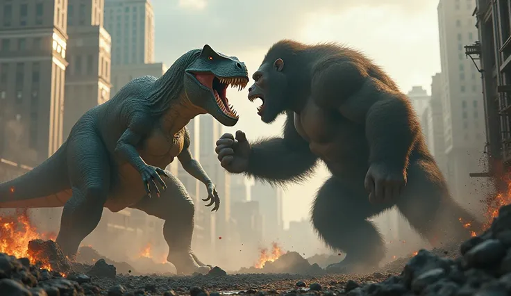 Titans fighting brutally in the city dinosaur and gorilla giants gorillas knocked out the dinosaur