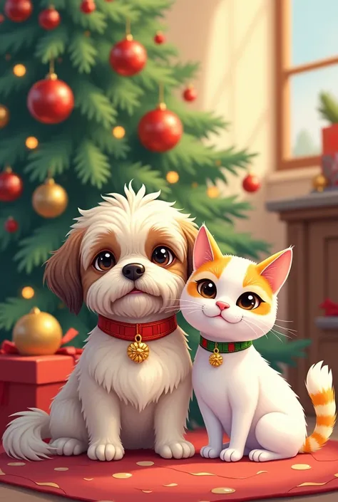  make a Christmas image with a little Shitsu dog, a little dog York Shier and a white cat with yellow tabby in drawing