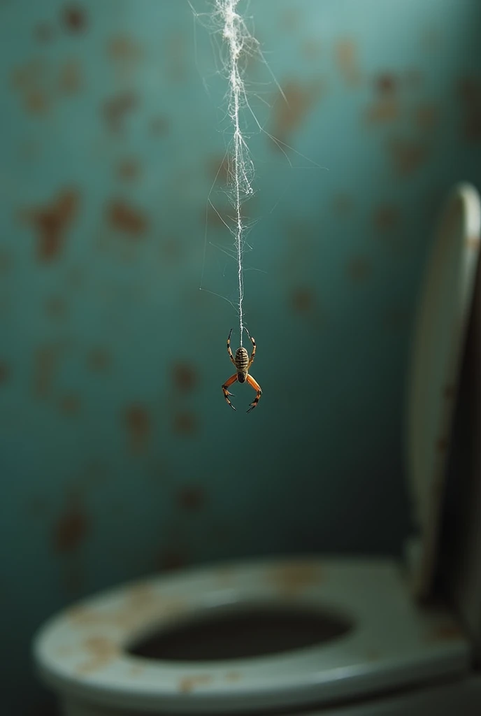 Image of a tiny spider hanging from 1 long line of web that emerges from the main web. View from top, camera position on the web looking down to the hanging spider. Super macro close bokeh blurred with sharp focus on the spider only. Bokeh background of ol...