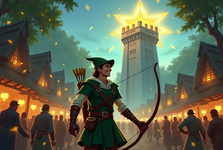  Robin Hood at his village behind the feast, everything is happy in Robin Hoods arms, the big letter on it is the number 6.000 ⭐ and the back of the tower says Tverse  