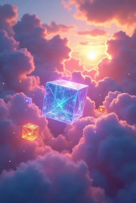 Make an image of some magic cubes passing through the colorful clouds 