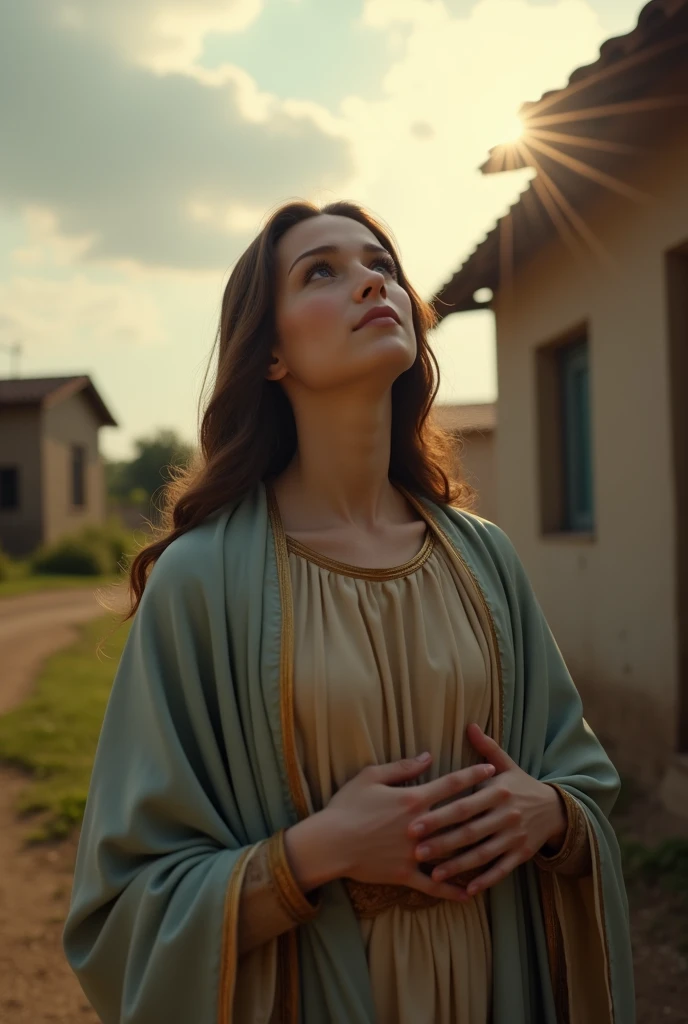 create an ultra realistic image of the Virgin Mary, looking up at the sky, with a humble and simple appearance, her two hands on her chest and a ray of light falling on her, in the background a humble house can be seen. use a Sony Alpha 7 camera and a Sony...