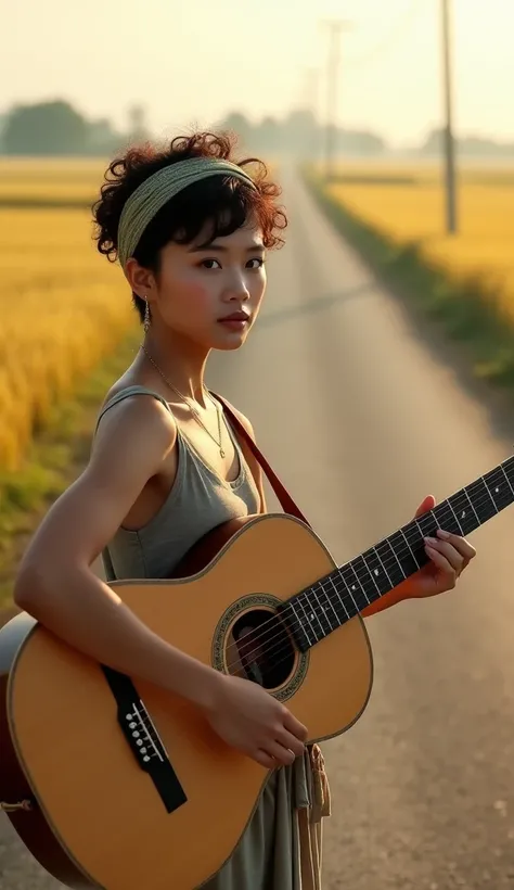 (((Photorealism:1.2))), A beautiful Thai woman with tan skin and very short, curly hair, adorned with a headband. She is dressed casually and standing while playing an acoustic guitar. The background features a rural asphalt road stretching far into the ho...