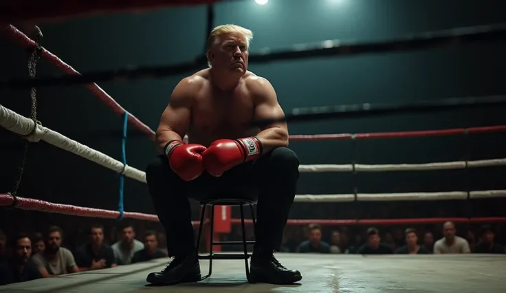 Trump in the corner of the boxing ring resting for the next round