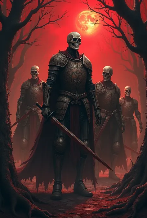 Skeletons in medieval armor, forest, red sky