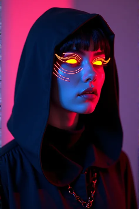 man.with hooded blouse and mascara with neon designs