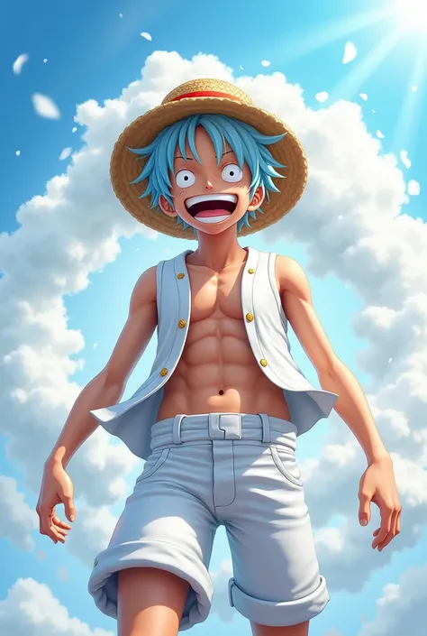 Play Luffy from one piece with white hair and the color of his clothes white and an aura as white as clouds and him laughing a lot