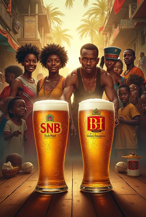 A detailed poster of traditional Togolese beer brands SNB and BB, 150cm x 200cm, vibrant colors, stunning realistic art style, lively characters, intricate background details, masterful composition, high-resolution, 8k, hyper-realistic, artfully blended, d...