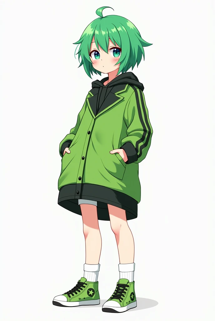 girl anime,Min green hair,Green coat with black stripes,black shorts,Try green canvas shoes with black patterns.