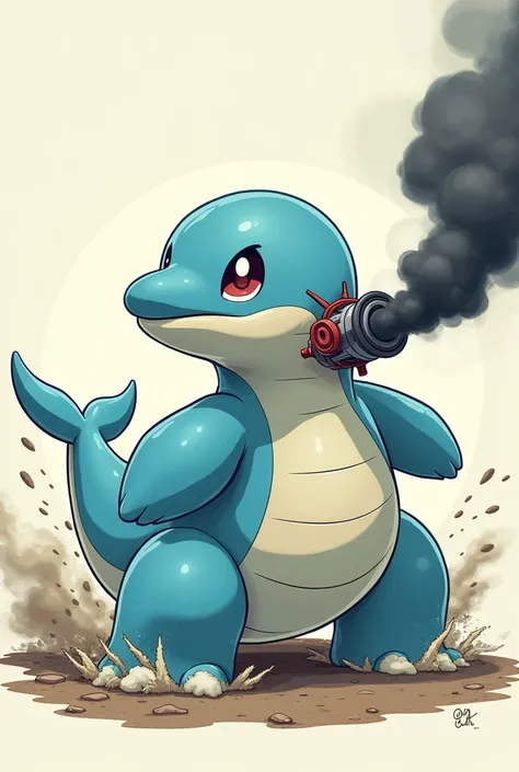 A inflatable Lapras water Pokémon farting like an exhaust pipe emitting Black diesel smoke with a Powerful revving Chainsaw engine going vroom vroom accelerating the inflatable Lapras doing a burnout and does a wheelie 