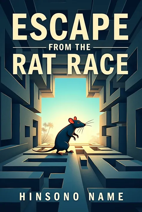 " Create an engaging and modern cover for a book entitled Escape from the Rat Race.  The art must convey the sense of freedom ,  overcoming and escaping a repetitive life cycle .  The main image must bring a mouse stylized ,  coming out of a complex maze ,...